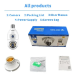 pazari4all - Wifi Camera Ασφαλείας για Ντουι Ε27, 8 MP 1080 p, Αδιάβροχη, Αμφίδρομη Επικοινωνία, ‘Εγχρωμη με Νυχτερινή λήψη και Αισθητήρα κίνησης